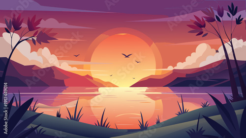 A serene sunset over a tropical landscape with silhouetted palm trees Vector