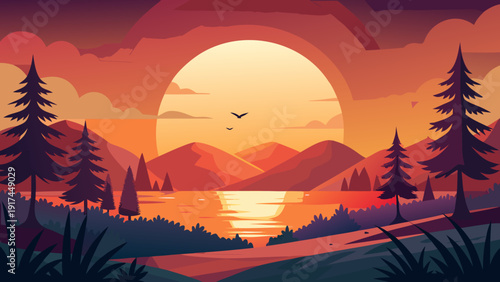 A serene sunset over a tranquil lake surrounded by tall pine trees and majestic mountains Vector