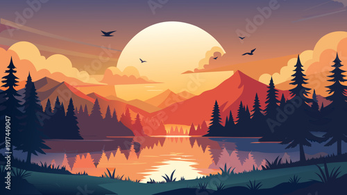 A serene sunset over a tranquil lake surrounded by tall pine trees and distant mountains Vector