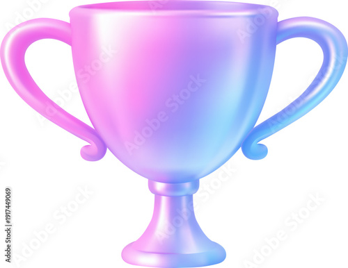 3d icon hologram and holographic trophy reward with winner neon cup. Y2k purple game and render sport best with achievement chrome interface. Glass holographic trophy and metal 3d award.