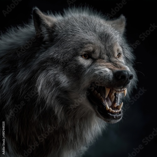 Fierce Grey Wolf Portrait in Dark Background