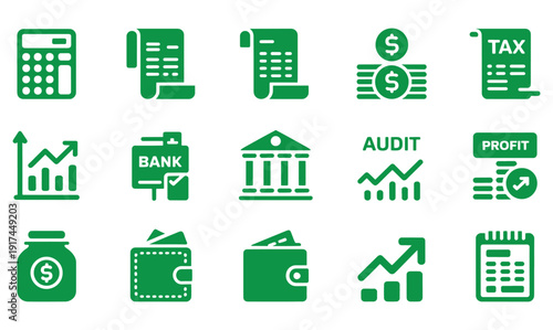 Green Finance Icons on White Background