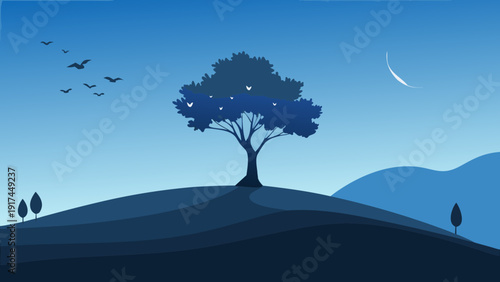 A solitary tree stands tall on a hilltop with birds flying in a clear blue sky Vector