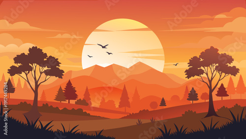 A serene sunset over a desert landscape with silhouetted trees and a bird in flight Vector