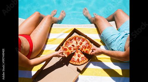 Couple enjoying pizza by the swimming pool on a sunny day. Concept of summer relaxation and casual dining.