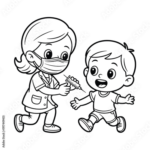 Cute cartoon nurse wearing mask gives injection with syringe to happy boy isolated on transparent background