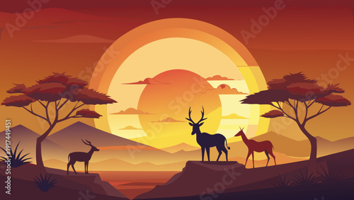 A serene sunset over the savannah with grazing antelopes and towering acacia trees Vector