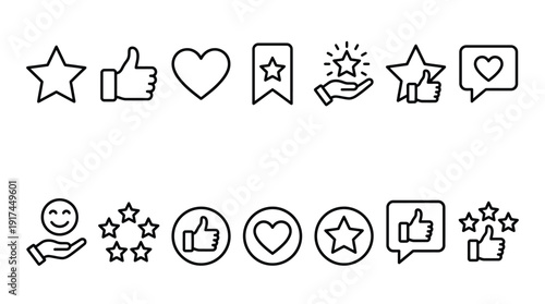 Hand-drawn vector icons set for social media, emotions, and reactions with stars, hearts, and thumbs up