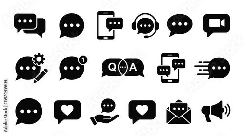 Collection of Minimalist Communication and Technology Icons for Digital Interaction and AI Concepts