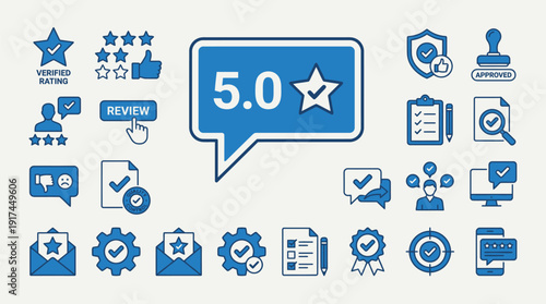 Customer Review and 5 Star Rating Line Icons Set – Feedback, Reputation and Quality Evaluation Outline Vector Collection