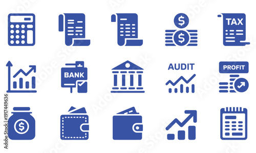 Finance Icons Set with Bank, Money, Tax and and Profit Symbols