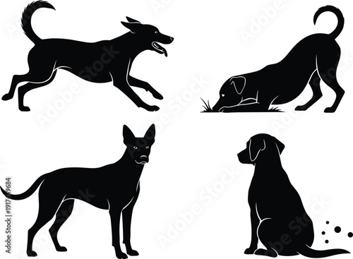 Black vector silhouette set of domestic dogs in various poses including running sniffing playing and sitting for pet care animal training and veterinary branding