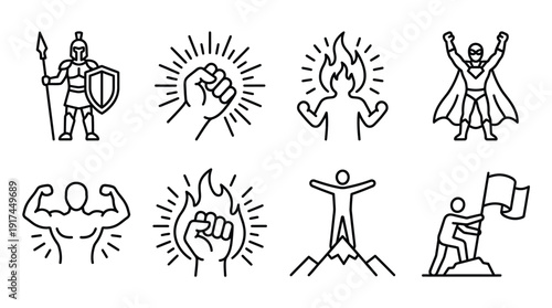 Leadership and Achievement Line Icons Set – Success, Teamwork, Growth and Motivation Outline Vector Collection