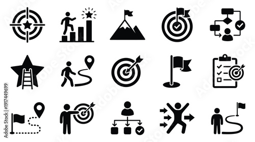 Collection of Business and Success Concept Icons for Strategy, Growth, and Teamwork