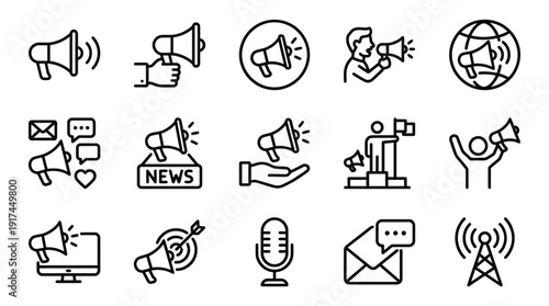Collection of hand-drawn communication and media icons for news, broadcasting, and social interaction
