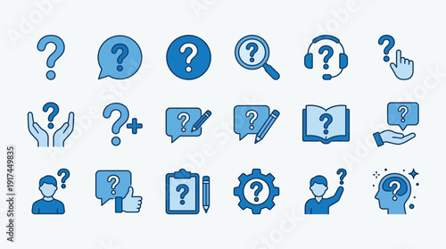 Collection of blue question mark icons representing confusion, inquiry, and problem-solving concepts