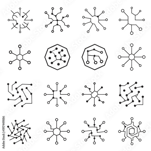 Diverse Set of Abstract Connectivity Icons Illustrating Digital Networks, Data Structures, and Technological Interconnections