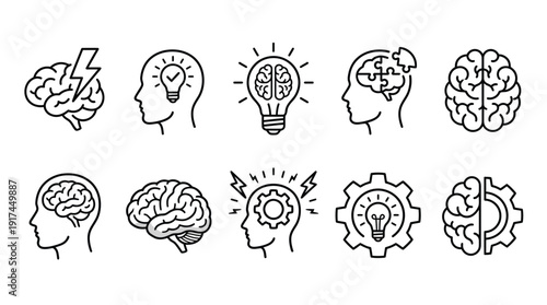 Creative brainstorming and innovation concepts with lightbulbs, gears, and brain illustrations