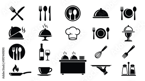 Collection of black and white kitchen and dining icons including utensils, cookware, and beverages