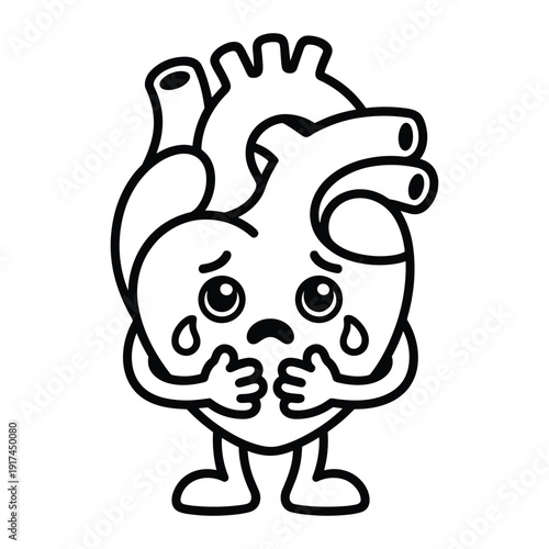 Sad anthropomorphic heart character with arms crossed and tears falling down isolated on transparent background