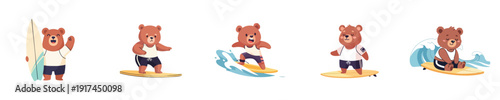 Surfing Bear Mascot Characters Collection Cute Flat Design Summer Ocean Sports Illustration Set