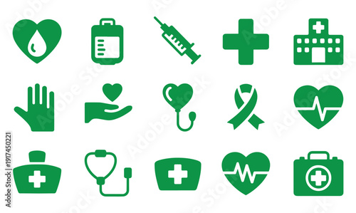 Green Medical Icons Set on White Background