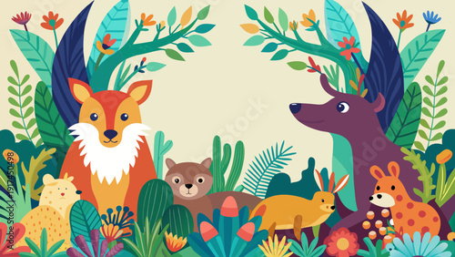A vibrant and lively forest scene filled with various animals and plants Vector