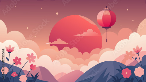 A whimsical landscape with a giant pink balloon floating above a cloudy valley Vector