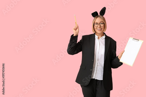 Happy adult female manager ...