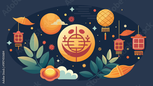 A vibrant and colorful illustration of a pumpkin surrounded by autumn leaves and stars Vector