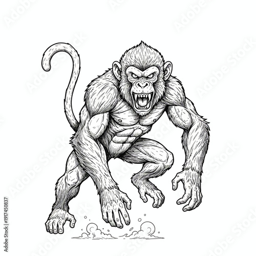 Aggressive monkey illustration in a fierce stance, ready to jump, depicted in detailed monochrome artwork