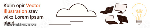 Technology innovation, cloud storage, remote work, creativity, networking, digital solutions. Cloud icon, laptops monitors light bulb. Cloud storage and technology innovation concept