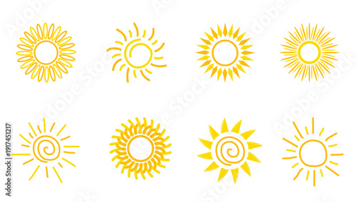 "Sun Icon Set Collection – Summer Sunshine Light Symbols and Silhouette Nature Sky Vector Illustration"