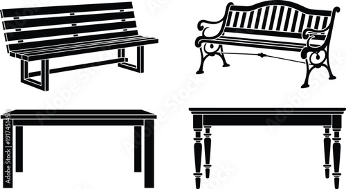 Silhouettes of couples sitting on benches with hearts, vector illustration representing romance, love, affection, and outdoor relationship themes