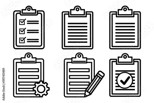 Six clipboards with various checklists and icons for organization and task management