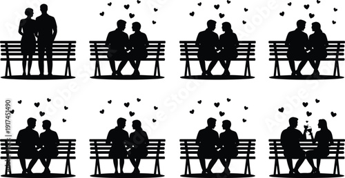Silhouettes of couples sitting on benches with hearts, vector illustration representing romance, love, affection, and outdoor relationship themes
