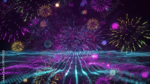 Colorful fireworks burst above a futuristic digital wave surface, shimmering blue and purple lines, creating an abstract, dynamic, celebratory background for technology.