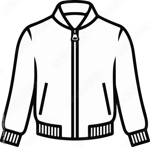 A simple line art illustration of a zipped bomber jacket with pockets
