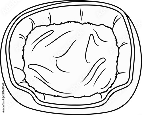 A simple line drawing depicts a fluffy bed for a pet animal