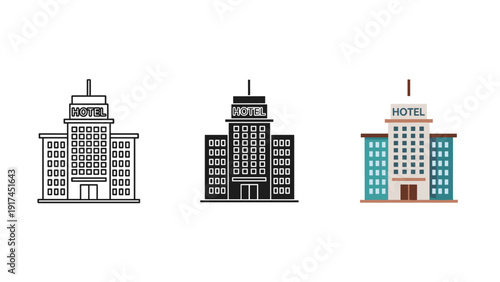 Three different colored illustrations of a hotel building Vector