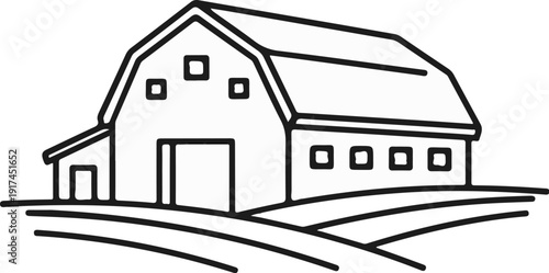 A simple line drawing of a barn on a hill with rolling fields