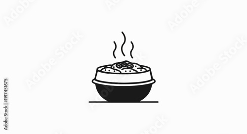 A simple line drawing of a bowl of steaming food with coffee beans on top