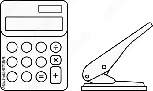 A simple line drawing of a calculator and a hole puncher side by side