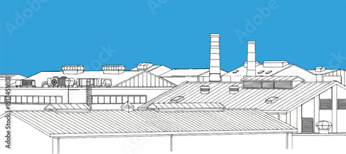 A simple line drawing of a row of industrial buildings against a blue sky