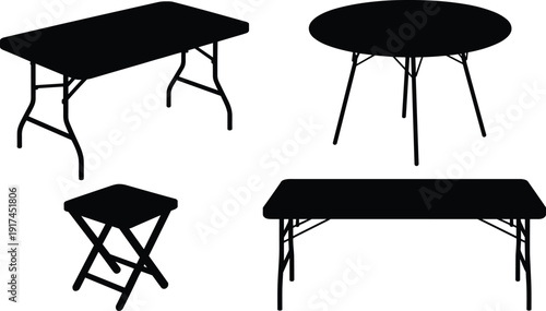 Silhouettes of folding furniture including rectangular tables, round tables, and stools, vector illustration for portable furniture, events, and outdoor design