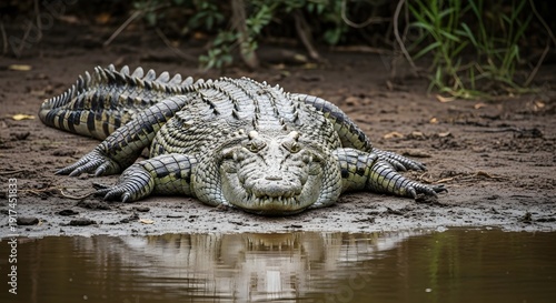 Large crocodile rests on muddy riverbank with calm water reflections