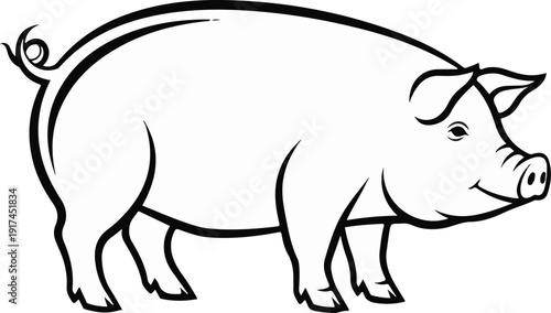 A simple line drawing of a smiling pig with a curly tail