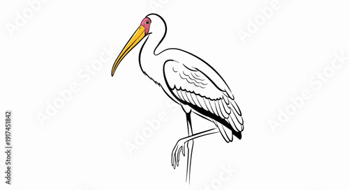 A simple line drawing of a white bird with a long yellow beak and pink accents