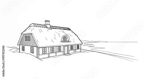 A simple, traditional cottage with a thatched roof, nestled in a field