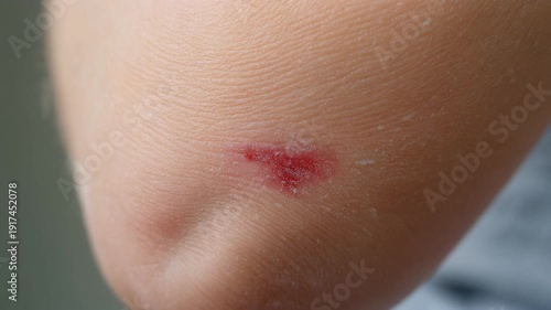 Close up of a child's elbow with a fresh, raw, red scraped wound, showing exposed dermis, minor abrasion, and visible skin texture from a fall or injury, a common